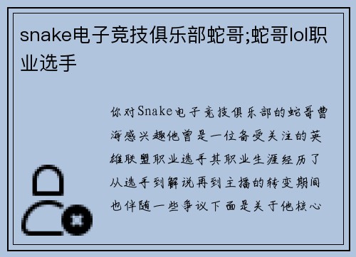 snake电子竞技俱乐部蛇哥;蛇哥lol职业选手